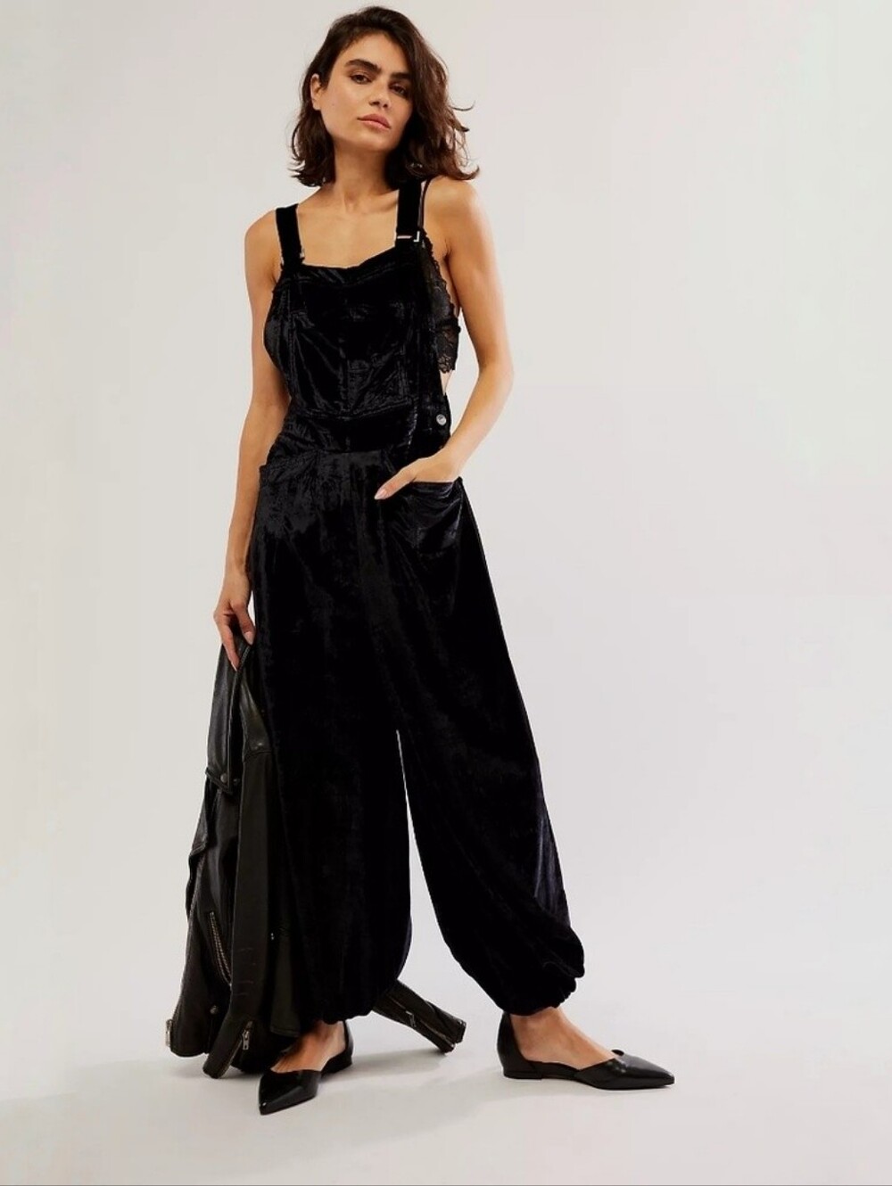 Free People Follow The Sun One Piece black Velvet jumpsuit overalls one-piece XS